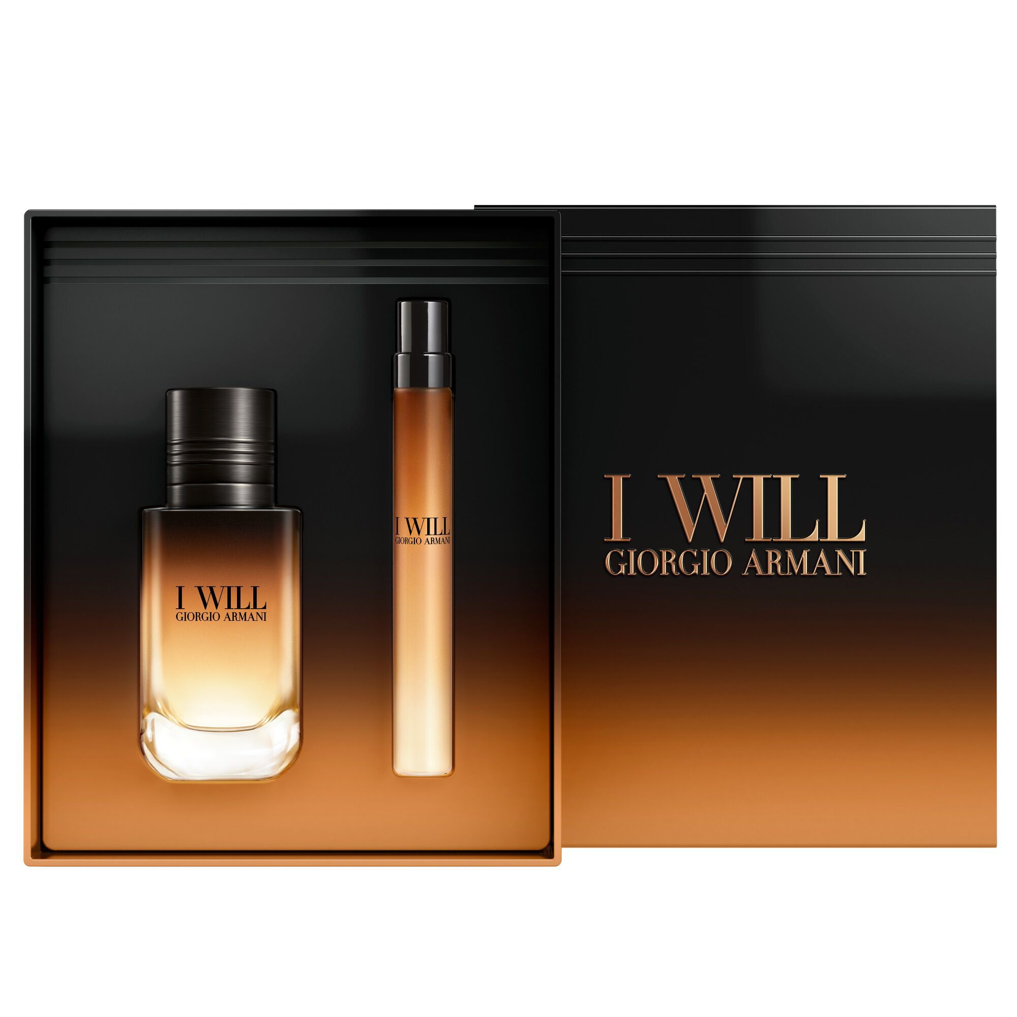 I Will Eau de Parfum 30 ml en 10 ml naast de open zwart-amber Armani cadeaudoos — een herengeurset met witte achtergrond.