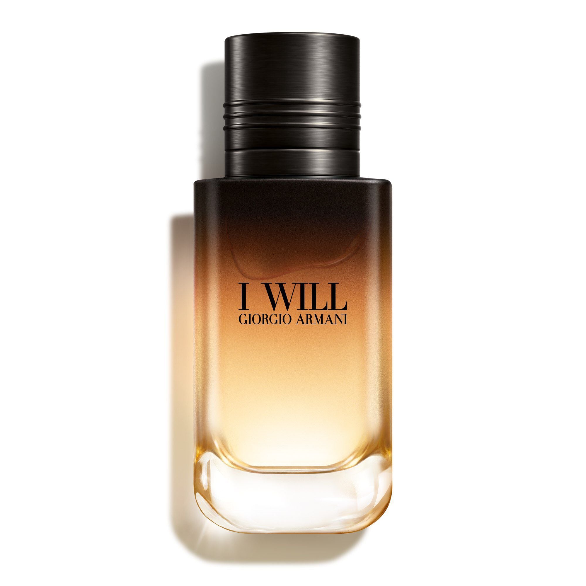 Giorgio Armani I WILL Eau de Parfum-flacon. Een navulbaar ontwerp met een verloop van zwart naar goud.