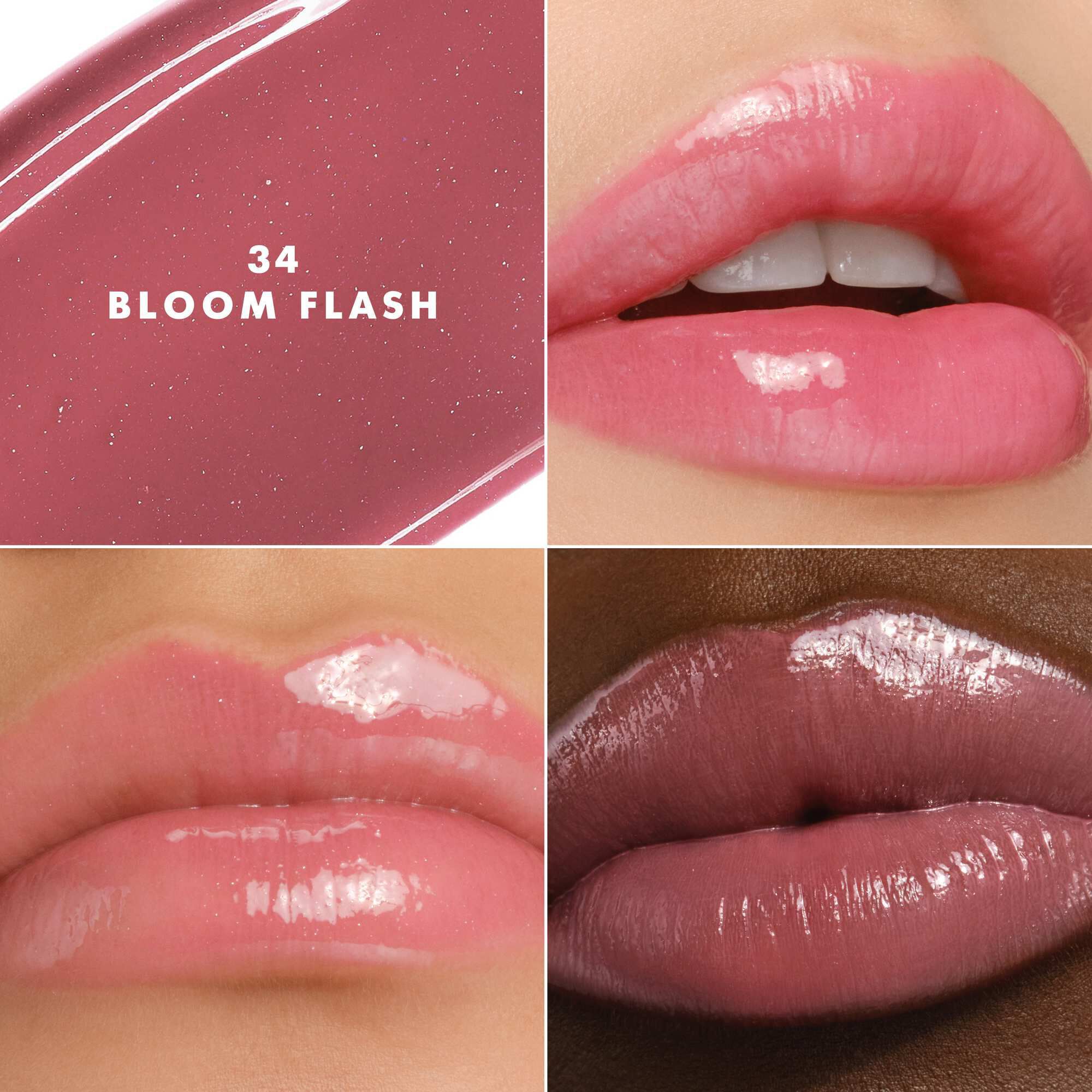 Armani Prisma Flash 34 Bloom Flash lippenstift op verschillende huidtinten, waardoor een lichtgevende roze glans wordt benadrukt.