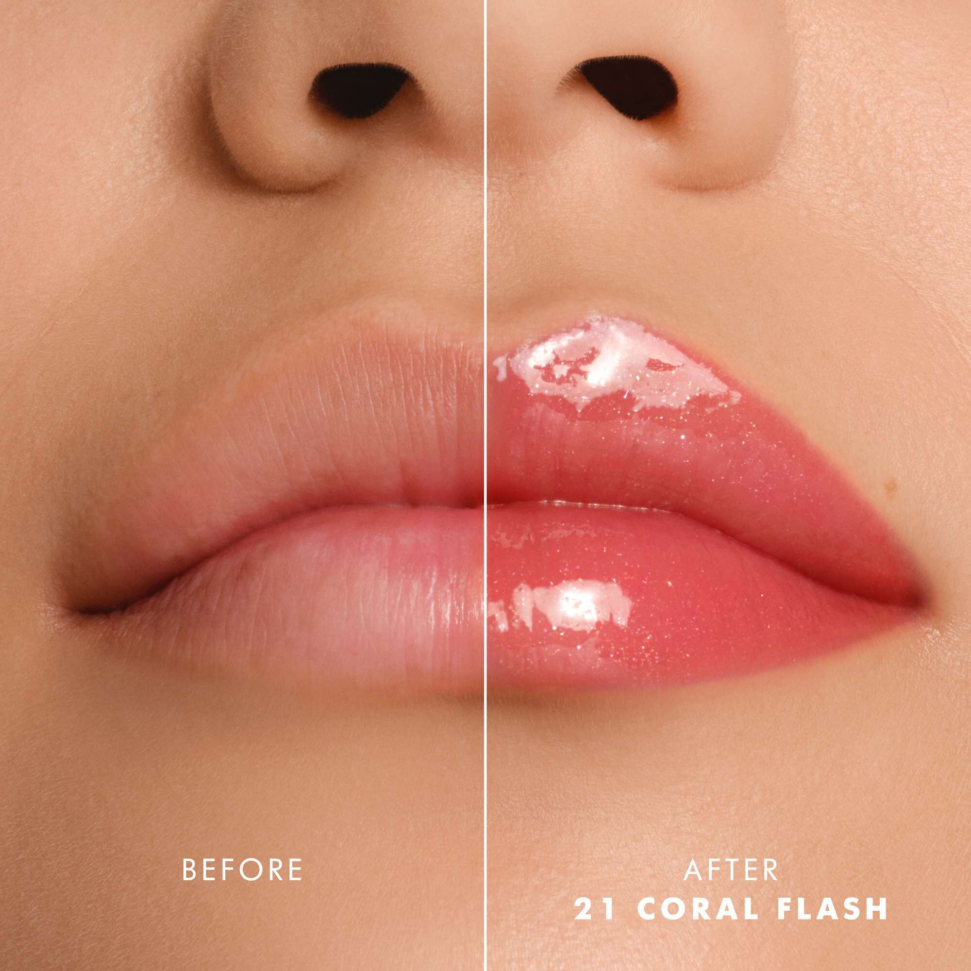 Voor- en nalippen met Armani Prisma Flash 21 Coral Flash, die een verbeterde glanzende roze kleur tonen.