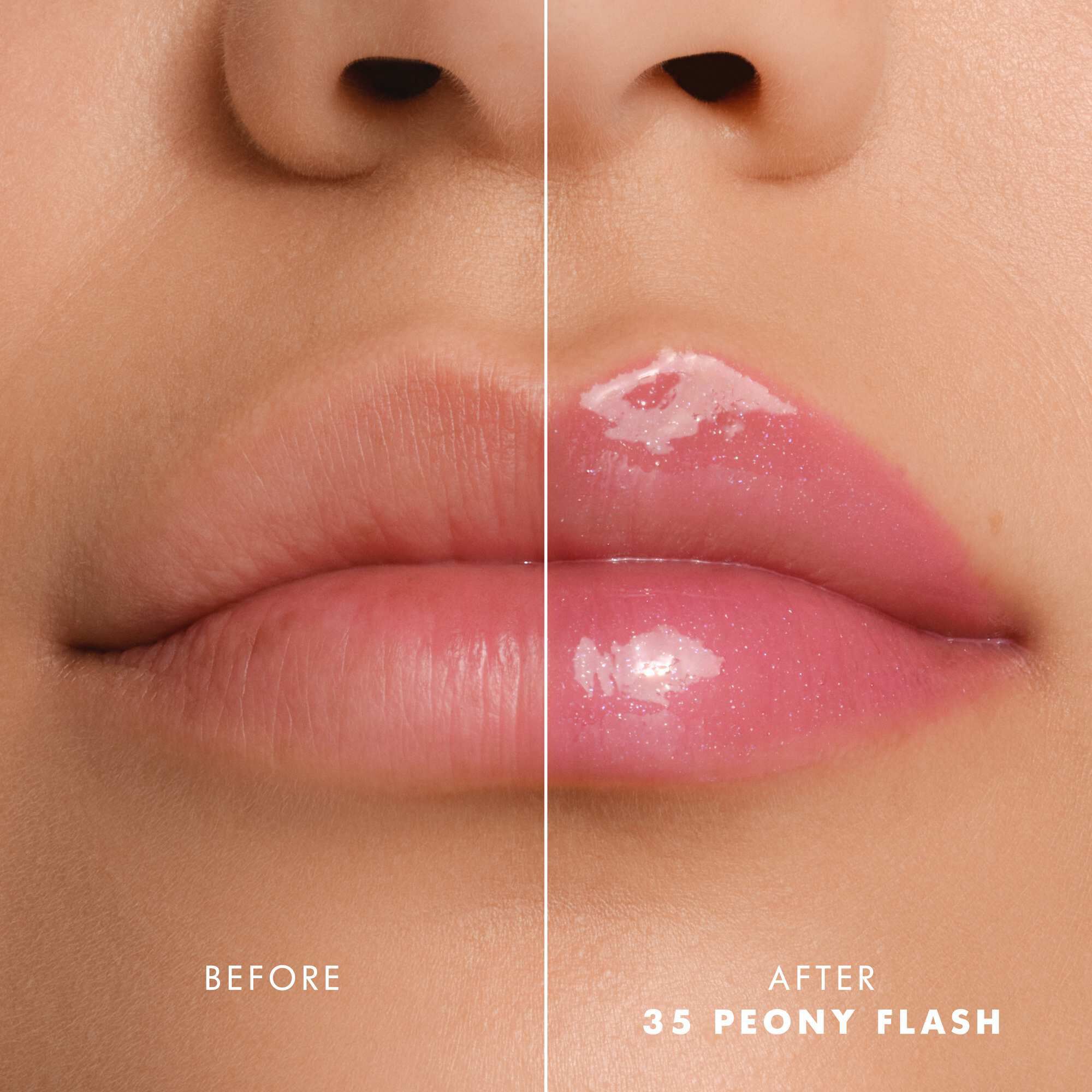 Voor- en nalippen met Armani Prisma Flash 35 Peony Flash, die een verbeterde glanzende roze kleur tonen.