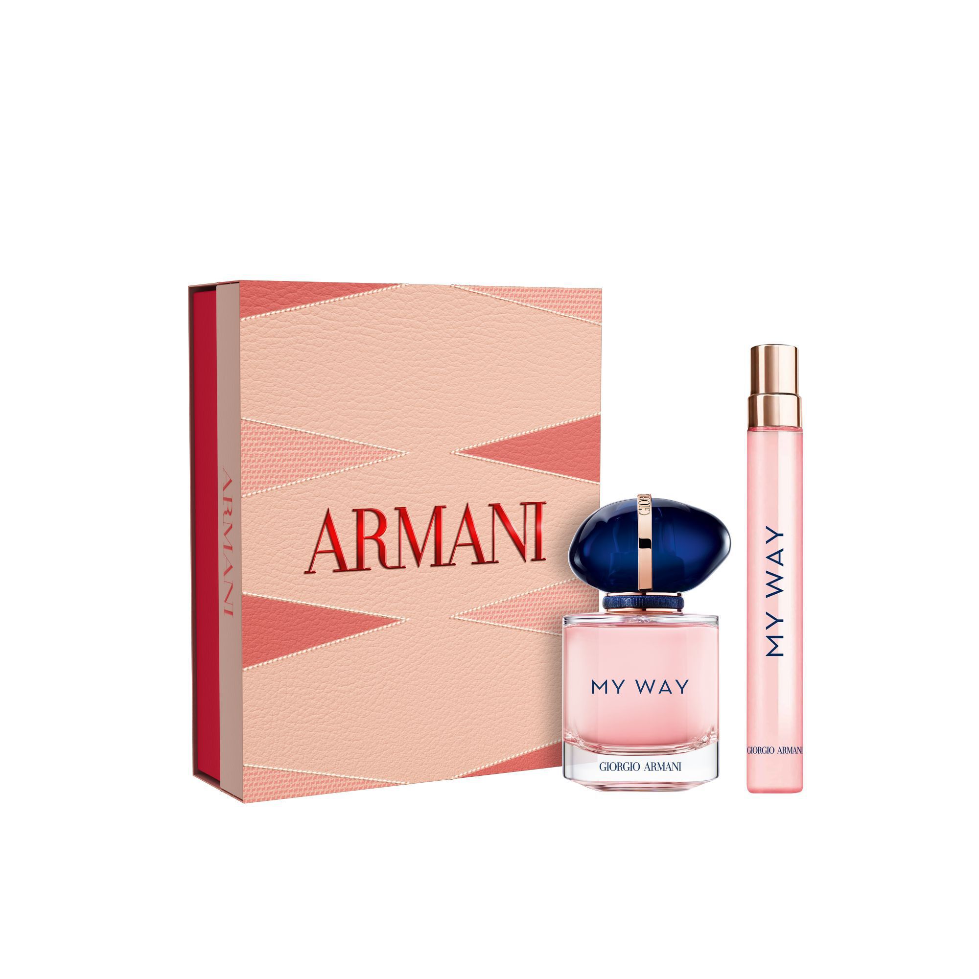 Giorgio Armani My Way Eau de Parfum 30ml en 10ml flessen naast een Moederdag-cadeaudoos op een witte achtergrond.
