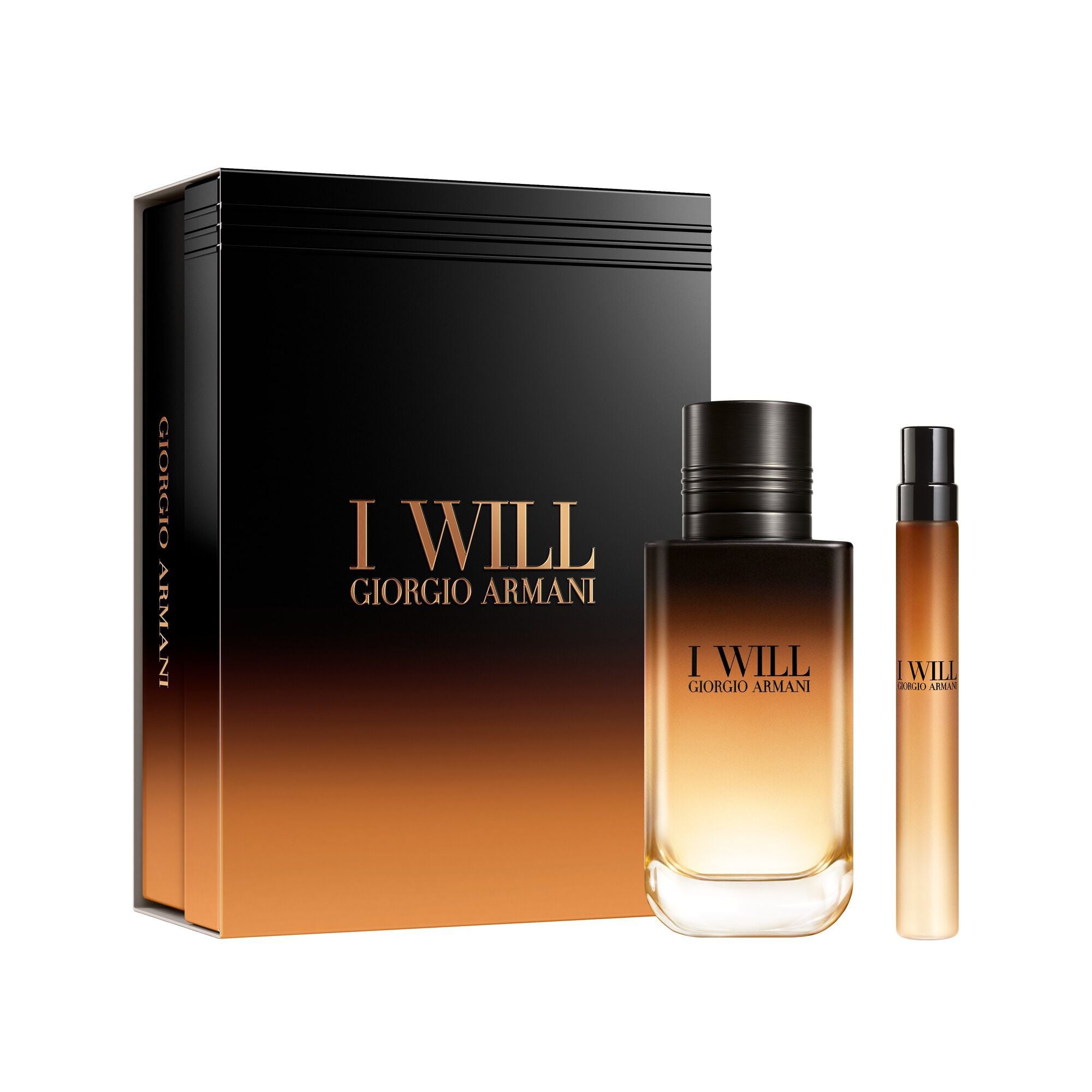 I Will Eau de Parfum 100ml en 10ml cadeauset in een open zwart-amber Armani cadeaudoosje met witte achtergrond.