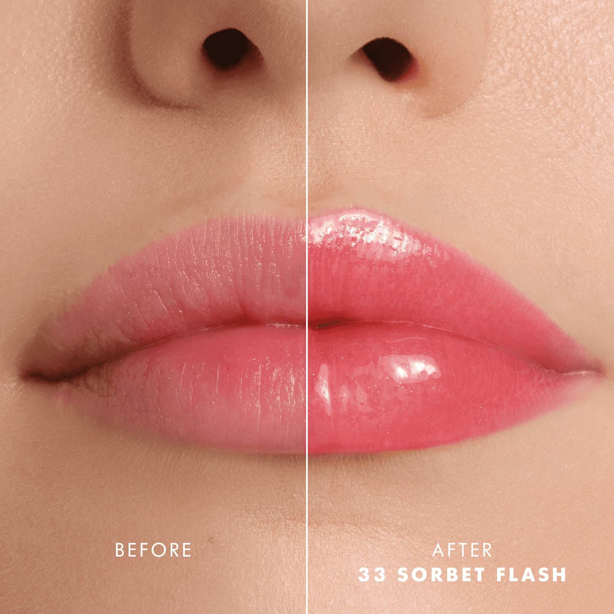 Voor- en nalippen met Armani Prisma Flash 33 Sorbet Flash, die een verbeterde glanzende roze kleur tonen.