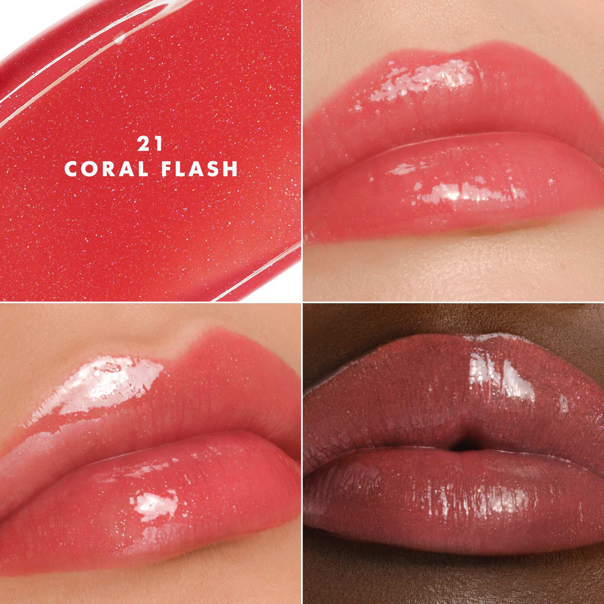 Armani Prisma Flash 21 Coral Flash lippenstift op verschillende huidtinten, waardoor een lichtgevende roze glans wordt benadrukt.