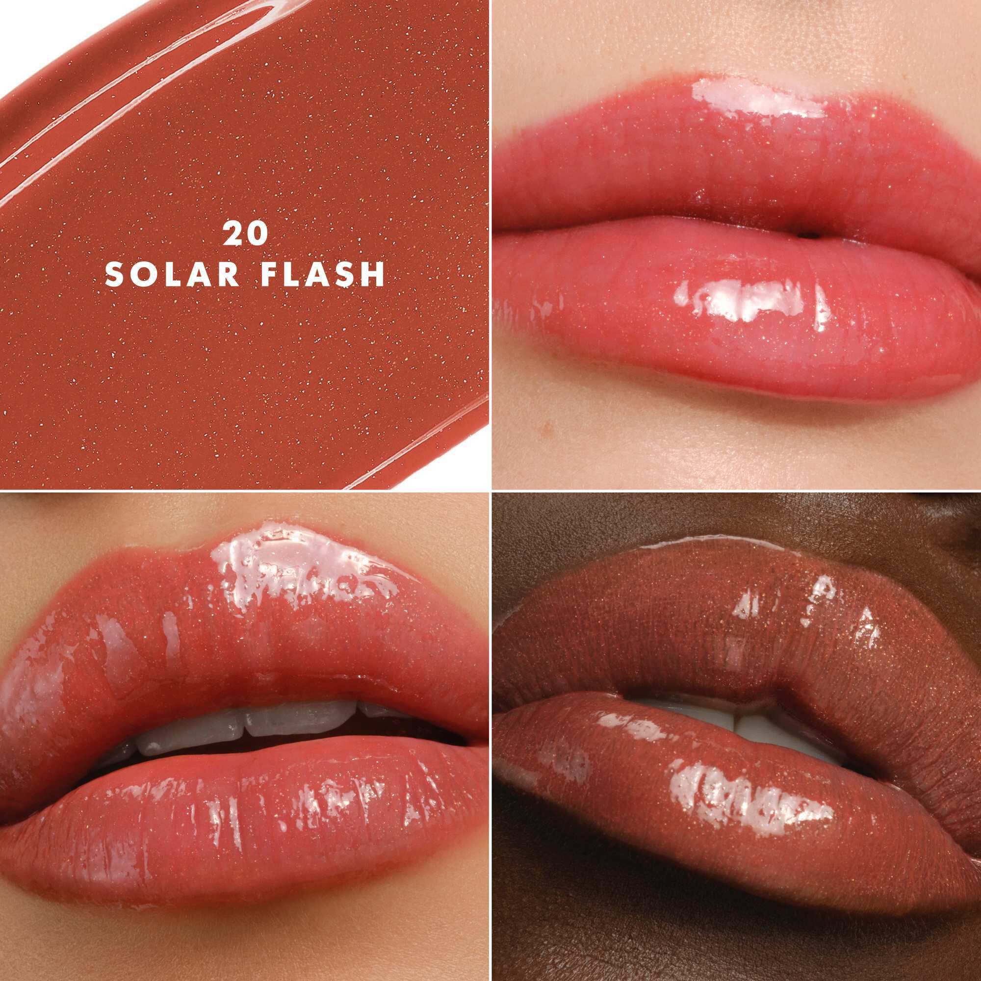 Armani Prisma Flash 20 solar Flash lippenstift op verschillende huidtinten, waardoor een lichtgevende roze glans wordt benadrukt.