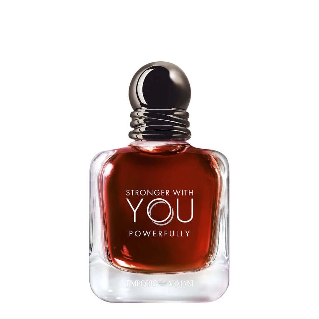Armani Stronger With You Powerfully parfumfles, met een rijke amberkleurige vloeistof en een elegant ontwerp.