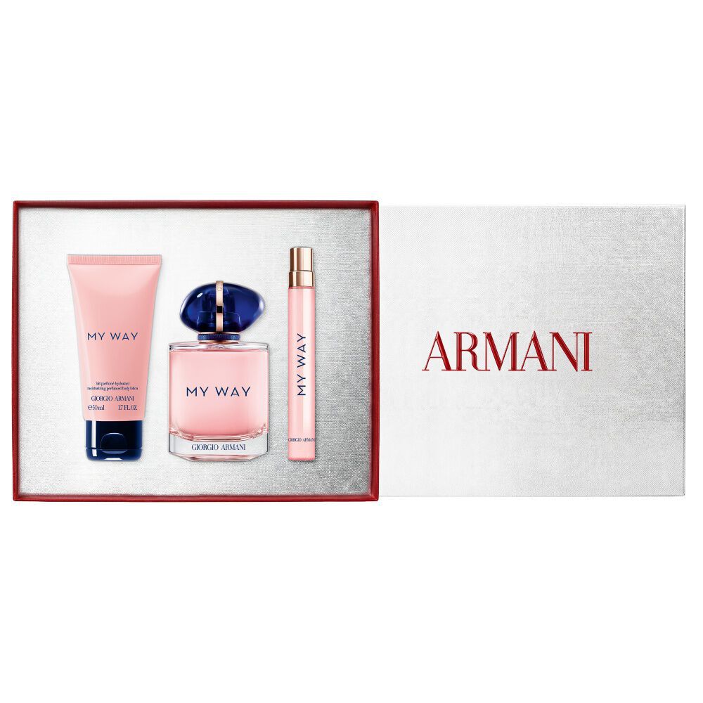 My Way Eau de Parfum 90ml geur, 10ml fles en 50ml geparfumeerde bodylotion samen met een witte Armani cadeaudoos — dames bloemenparfum cadeauset.