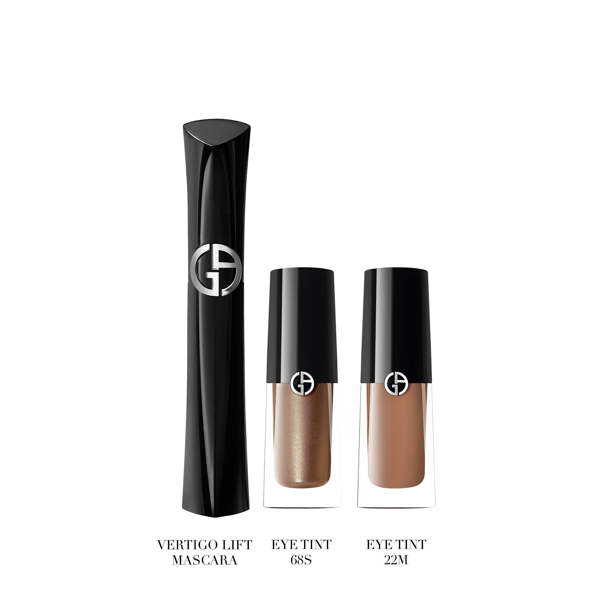 Giorgio Armani Vertigo mascara and Eye Tint shades 68S Bronzy Brown and 22M Cashew displayed as standalone products on a neutral background.