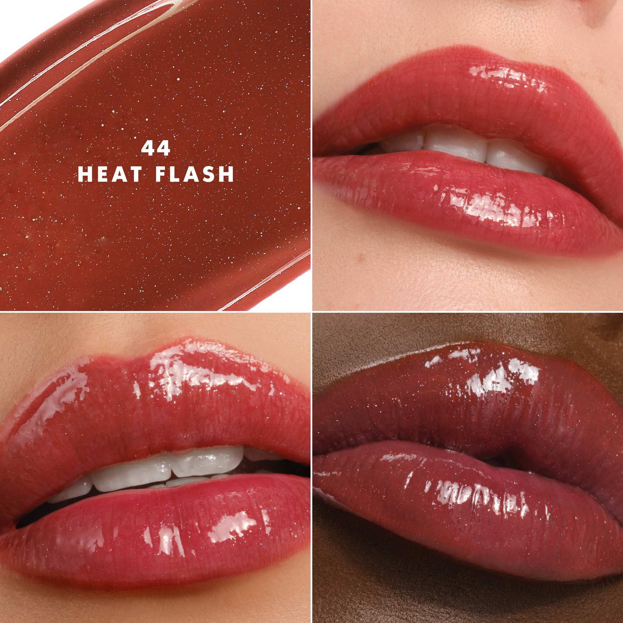 Armani Prisma Flash 44 Heat Flash lippenstift op verschillende huidtinten, waardoor een lichtgevende roze glans wordt benadrukt.
