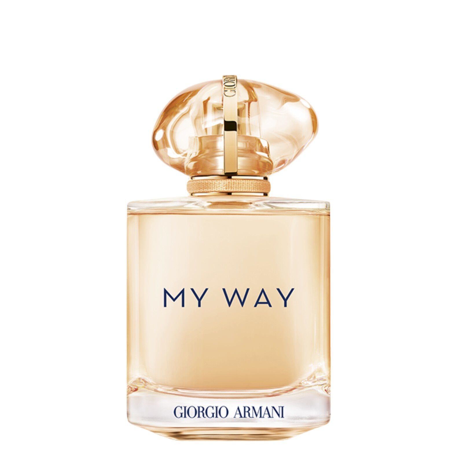 Giorgio Armani My Way Sunny Vanilla 90ml parfumfles op een roze witte achtergrond.