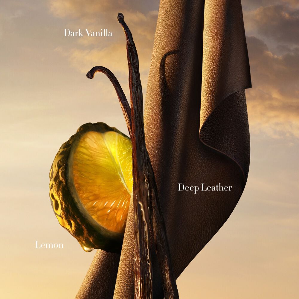 Citroen, donkere vanilleboon en diep leren ingredient visueel voor I Will Eau de Parfum door Giorgio Armani — belangrijke geurnoten op een warme amberkleurige luchtachtergrond.