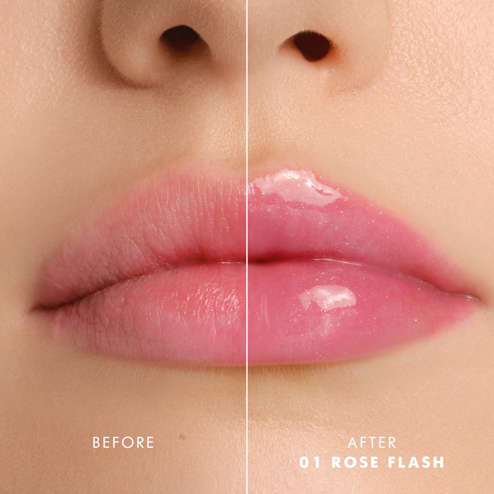 Voor- en nalippen met Armani Prisma Flash 01 Rose Flash, die een verbeterde glanzende roze kleur tonen.